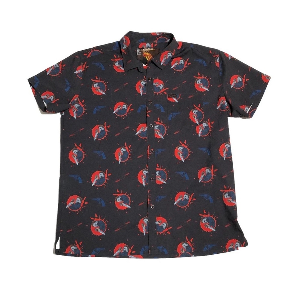 Retro Rifle Halloween Men's Button Down Shirt Michael Myers Short Sleeve